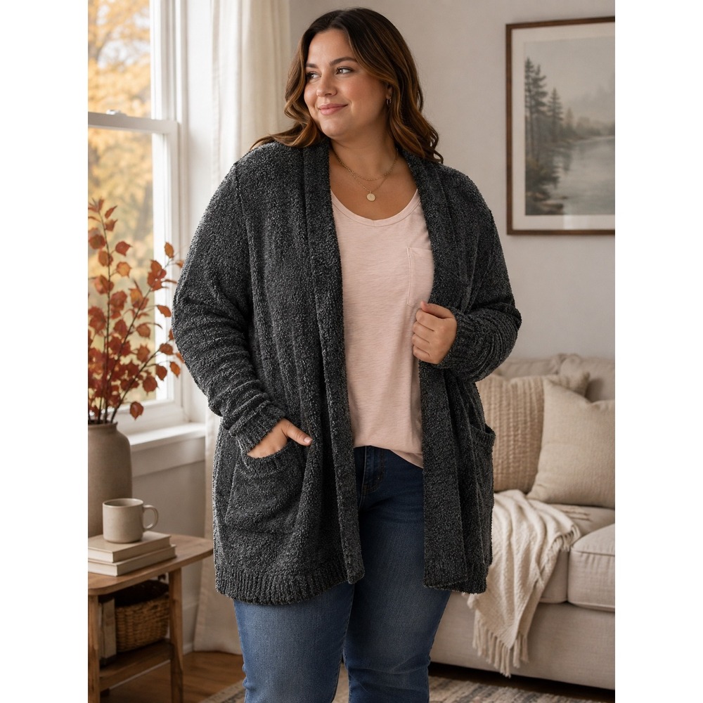 Barefoot Dreams CozyChic Long Cardigan 3X Charcoal Gray Open Front Duster